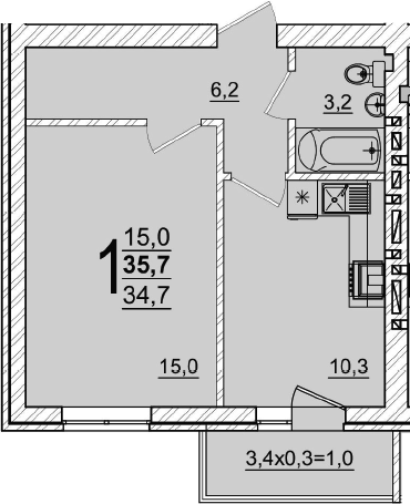 1-комн., 34.7 м², 5/5 этаж, ЖК «Дарград»