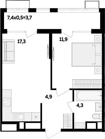 1-комн., 38.4 м², 10/16 этаж, ЖК «МегаСити»