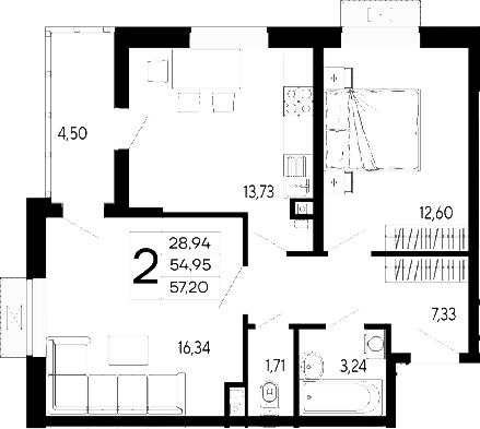 2-комн., 54.94 м², 2/16 этаж, ЖК «Эпос»