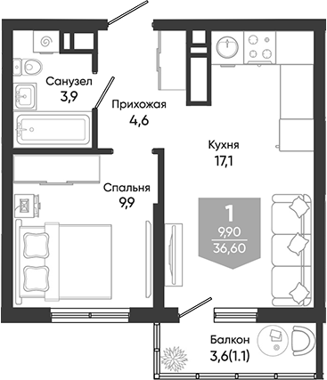 2-комн., 35.5 м², 3/24 этаж, ЖК «Облака»