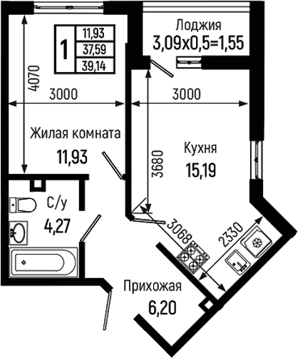 1-комн., 37.59 м², 1/9 этаж, ЖК «Ботаника Хиллс»