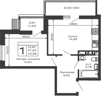 1-комн., 37.53 м², 9/16 этаж, ЖК «Долина»