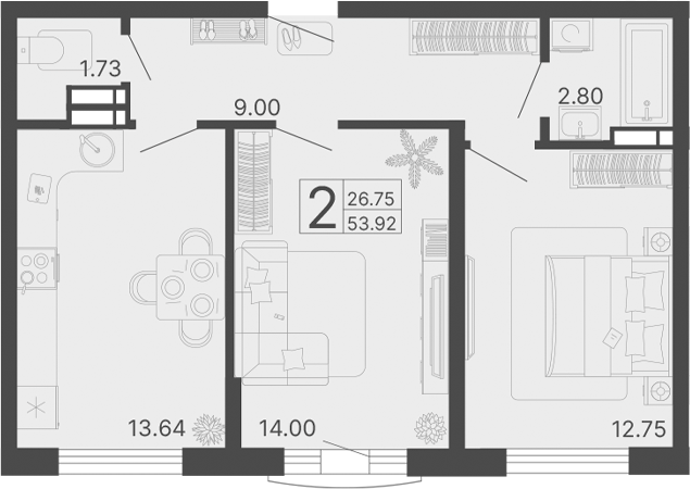 2-комн., 53.92 м², 12/20 этаж, ЖК «Светский лес»