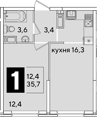 2-комн., 35.7 м², 12/16 этаж, ЖК «Самолет»