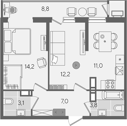 2-комн., 51.3 м², 22/24 этаж, ЖК «Рекорд»