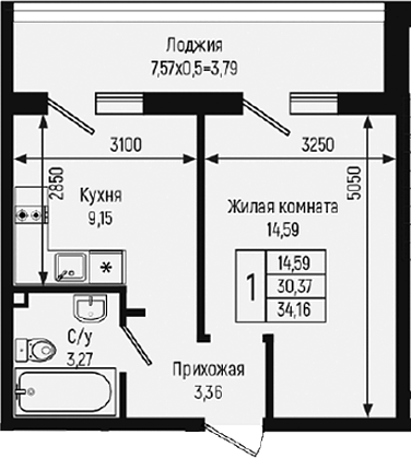 1-комн., 30.37 м², 2/9 этаж, ЖК «Ботаника Хиллс»