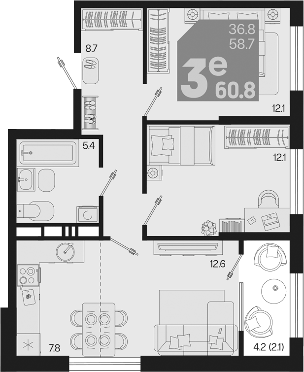 3-комн., 58.7 м², 3/18 этаж, ЖК «Первое место»