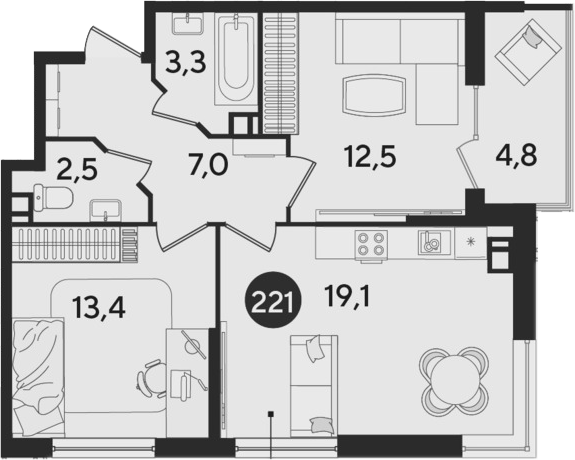 3-комн., 57.8 м², 5/9 этаж, ЖК «Парк Победы»