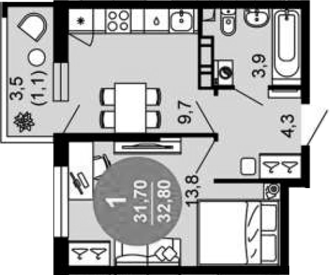 1-комн., 31.7 м², 2/12 этаж, ЖК «Флора»