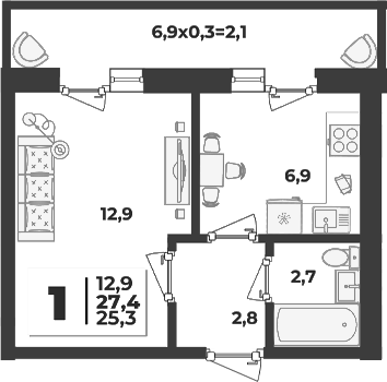 1-комн., 25.3 м², 5/5 этаж, ЖК «Дарград»