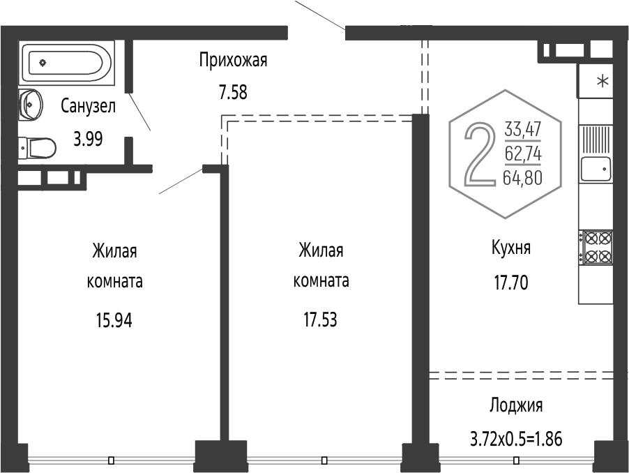 3-комн., 62.74 м², 16/24 этаж, ЖК «Гарантия PRIME»