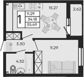 Продается 1-комн. квартира, 34.18 м²