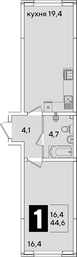 2-комн., 44.6 м², 1/16 этаж, ЖК «Самолет»