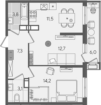 2-комн., 52.6 м², 16/24 этаж, ЖК «Рекорд»