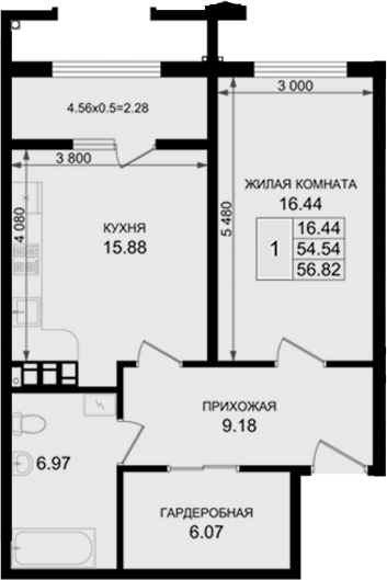 1-комн., 54.54 м², 6/8 этаж, ЖК «Резиденция морей»