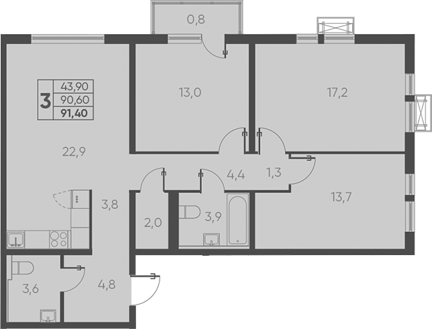 3-комн., 90.6 м², 2/24 этаж, ЖК «Барса»
