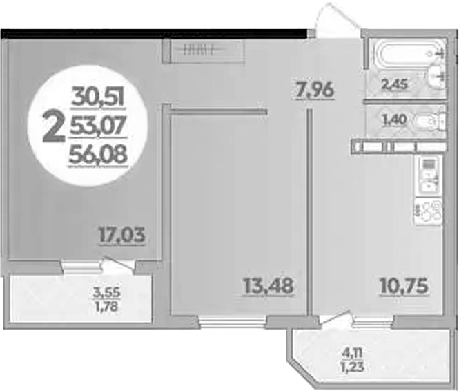 2-комн., 53.07 м², 9/16 этаж, ЖК «Восточный. Квартал №6»