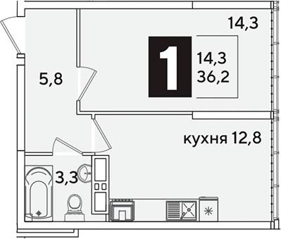 1-комн., 36.2 м², 16/16 этаж, ЖК «Самолет»