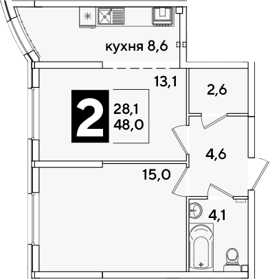 2-комн., 48 м², 2/16 этаж, ЖК «Самолет»
