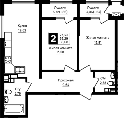 2-комн., 65.29 м², 4/18 этаж, ЖК «Резиденция морей»