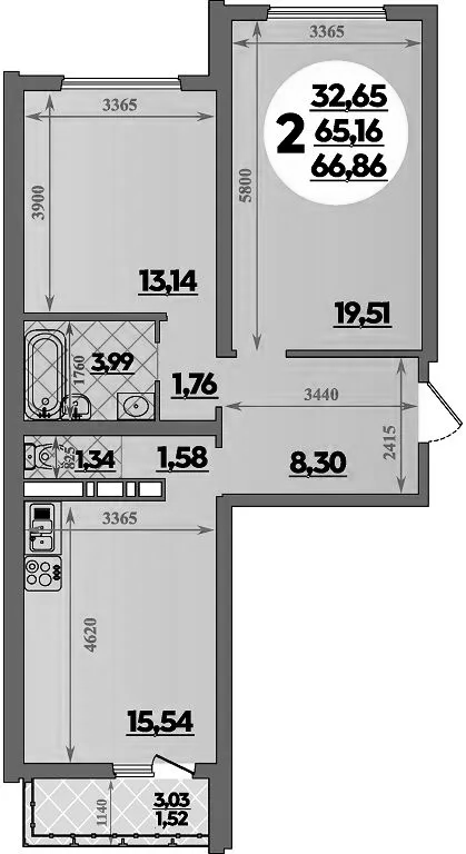 2-комн., 65.16 м², 12/16 этаж, ЖК «Город у моря»