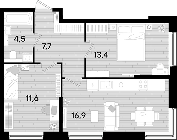 Продается 2-комн. квартира, 54.1 м²