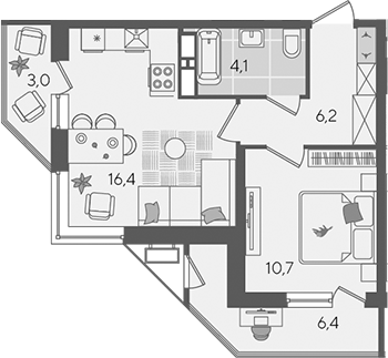2-комн., 37.4 м², 14/24 этаж, ЖК «Рекорд»