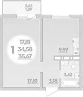 1-комн., 34.58 м², 5/9 этаж, ЖК «Романовский»