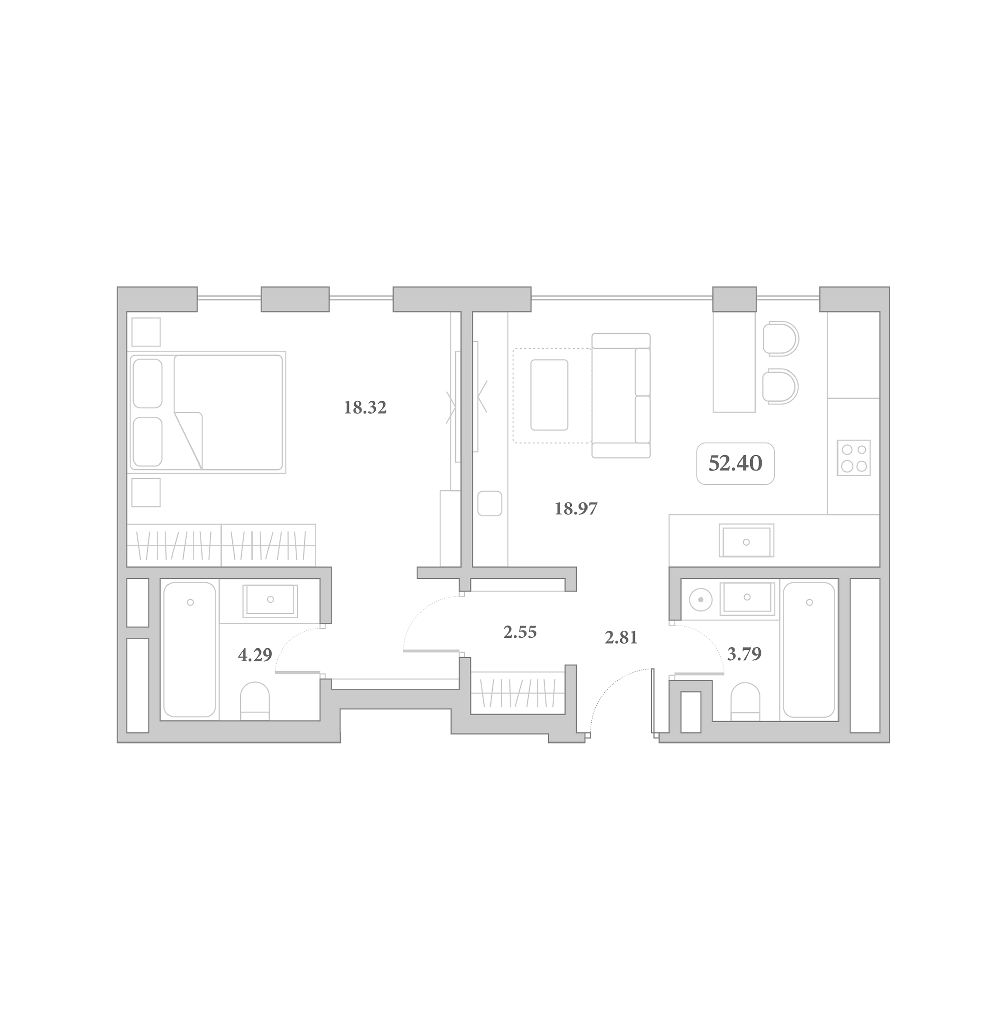 2-комн., 52.4 м², 7/7 этаж, ЖК «Граф Толстой»