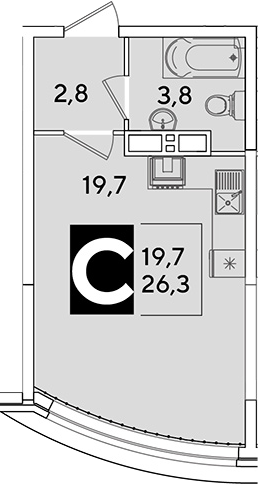 Студия, 26.3 м², 10/16 этаж, ЖК «Самолет»