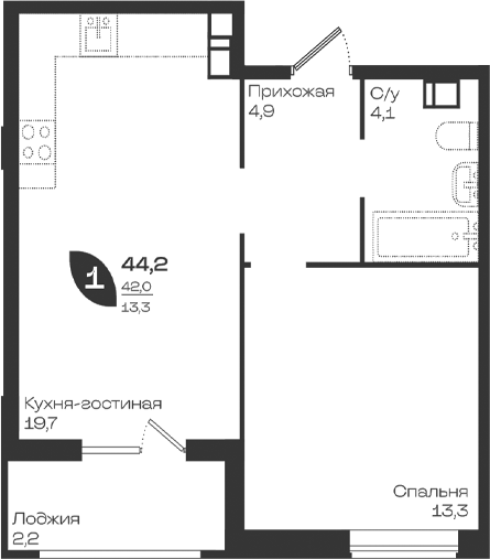 1-комн., 42 м², 4/9 этаж, ЖК «Ботаника»