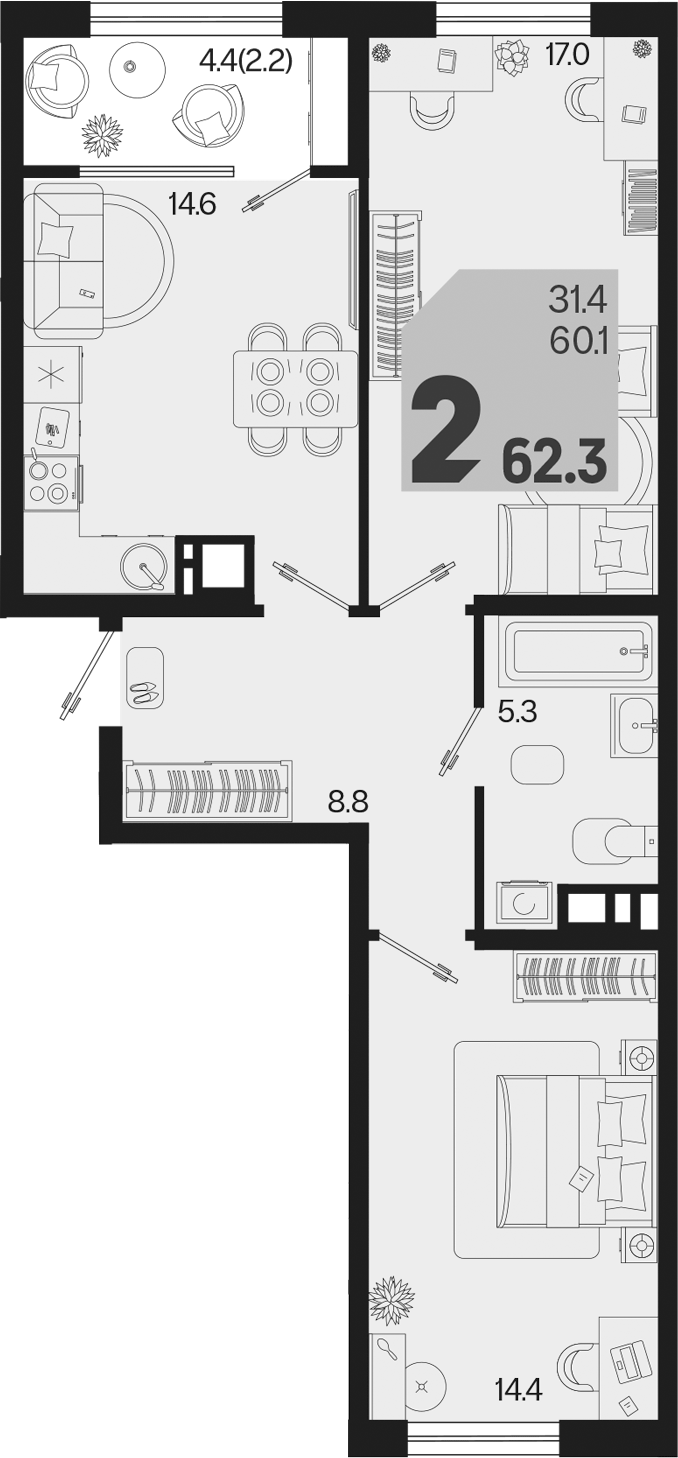 2-комн., 60.1 м², 9/9 этаж, ЖК «Первое место»