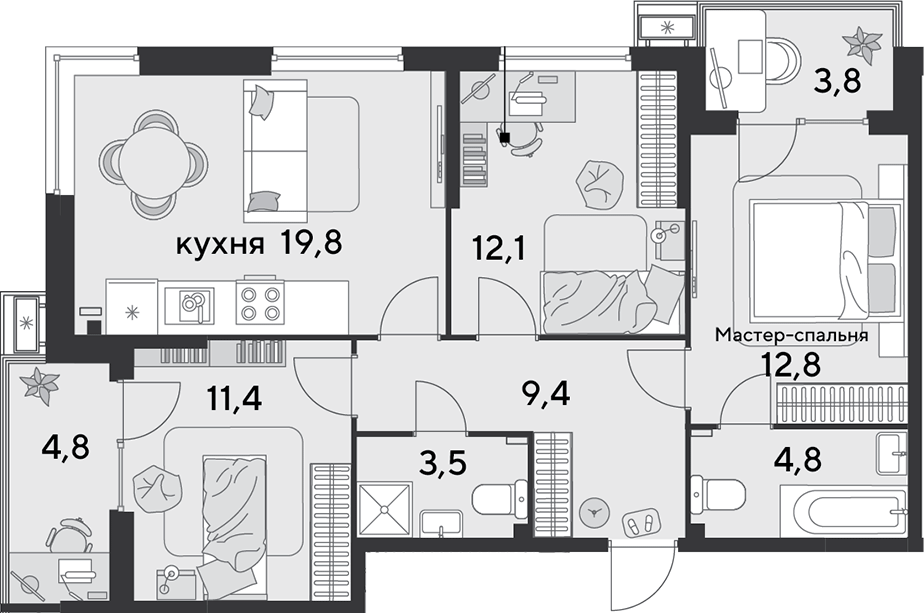 Продается 4-комн. квартира, 73.8 м²