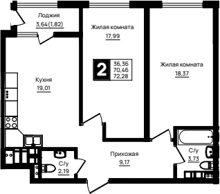 2-комн., 70.46 м², 13/18 этаж, ЖК «Резиденция морей»