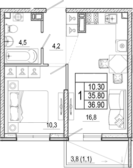 2-комн., 35.8 м², 2/17 этаж, ЖК «Лестория»