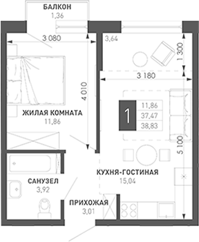 1-комн., 35.99 м², 2/18 этаж, ЖК «Иначе в Молодежном»