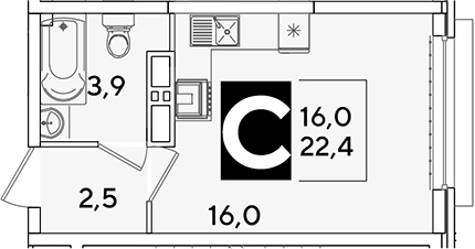 Студия, 22.4 м², 10/16 этаж, ЖК «Самолет»