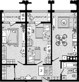 2-комн., 68.87 м², 6/8 этаж, ЖК «Резиденция морей»