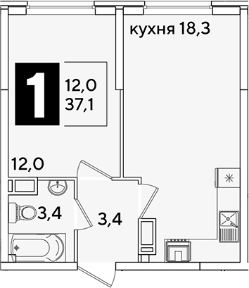 2-комн., 37.1 м², 14/16 этаж, ЖК «Самолет»