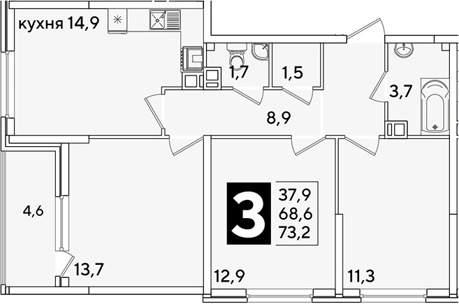 3-комн., 68.6 м², 9/16 этаж, ЖК «Самолет»