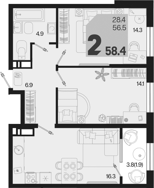 2-комн., 56.5 м², 12/18 этаж, ЖК «Первое место»