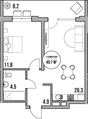 2-комн., 41.5 м², 2/5 этаж, ЖК «МореТут»