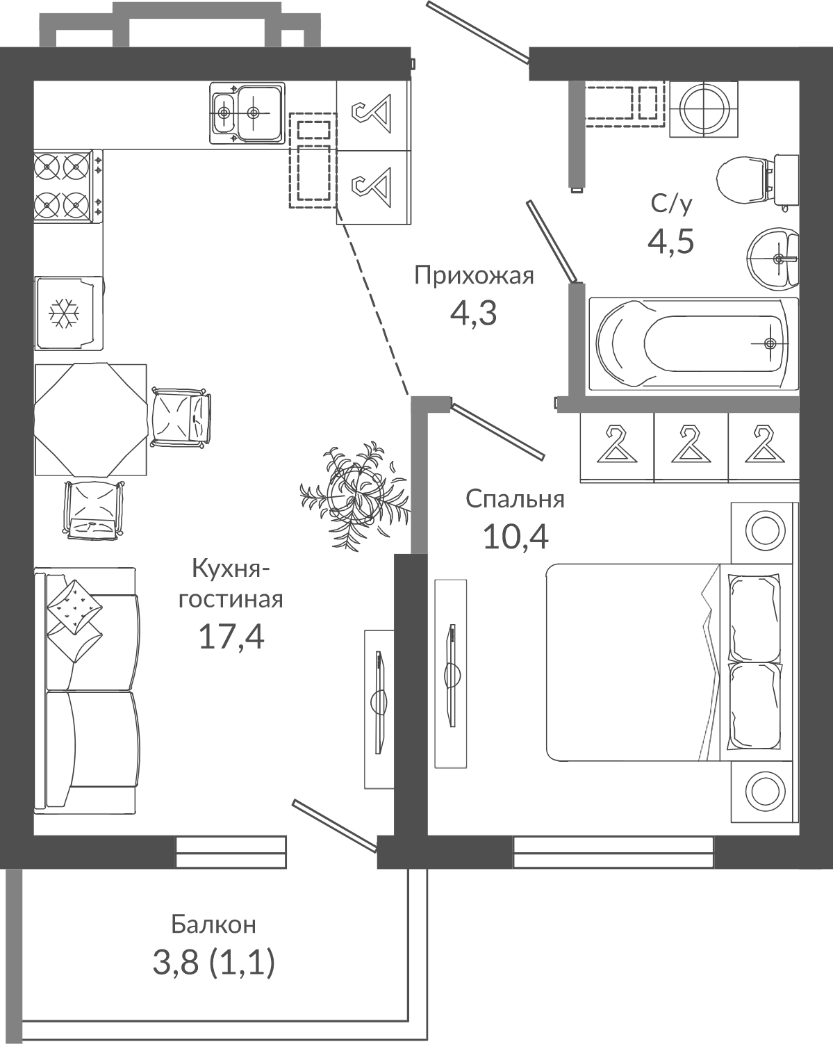 2-комн., 36.6 м², 1/12 этаж, ЖК «Флора»