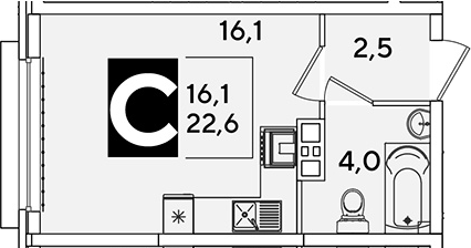 Студия, 22.6 м², 2/16 этаж, ЖК «Самолет»