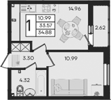 1-комн., 33.57 м², 2/9 этаж, ЖК «Дом 101»