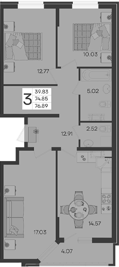 3-комн., 74.85 м², 12/18 этаж, ЖК «Дом 101»