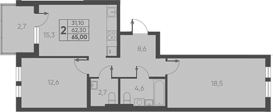 2-комн., 62.3 м², 11/15 этаж, ЖК «Барса»