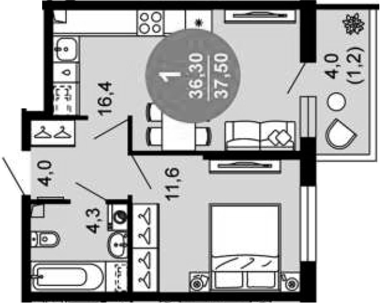 2-комн., 36.3 м², 1/12 этаж, ЖК «Флора»