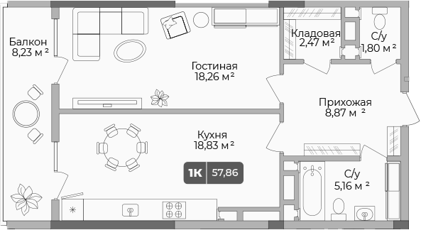 1-комн., 55.39 м², 16/17 этаж, ЖК «Золотой берег. СЗ Среда»