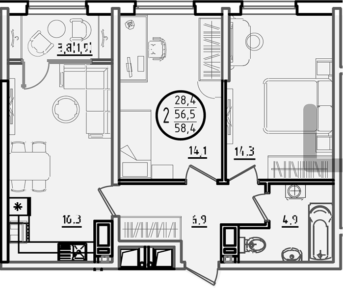 2-комн., 56.5 м², 6/18 этаж, ЖК «Первое место»
